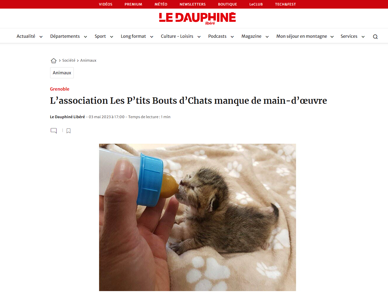 Une capture d'écran de l'article en ligne du Dauphiné Libéré traitant de l'association